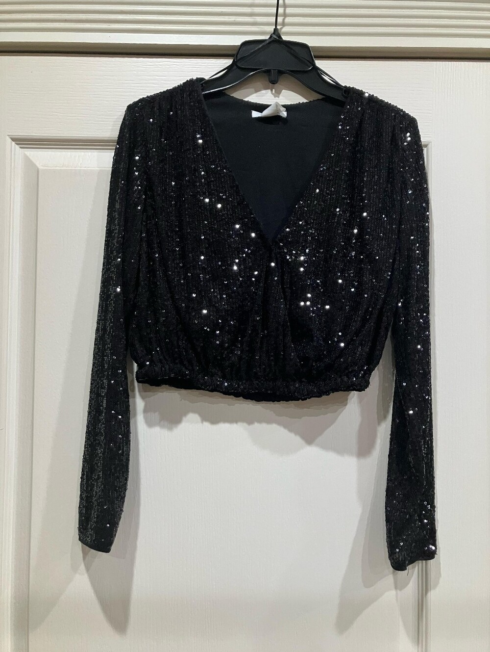 Black Sequin V-Neck Crop Top
